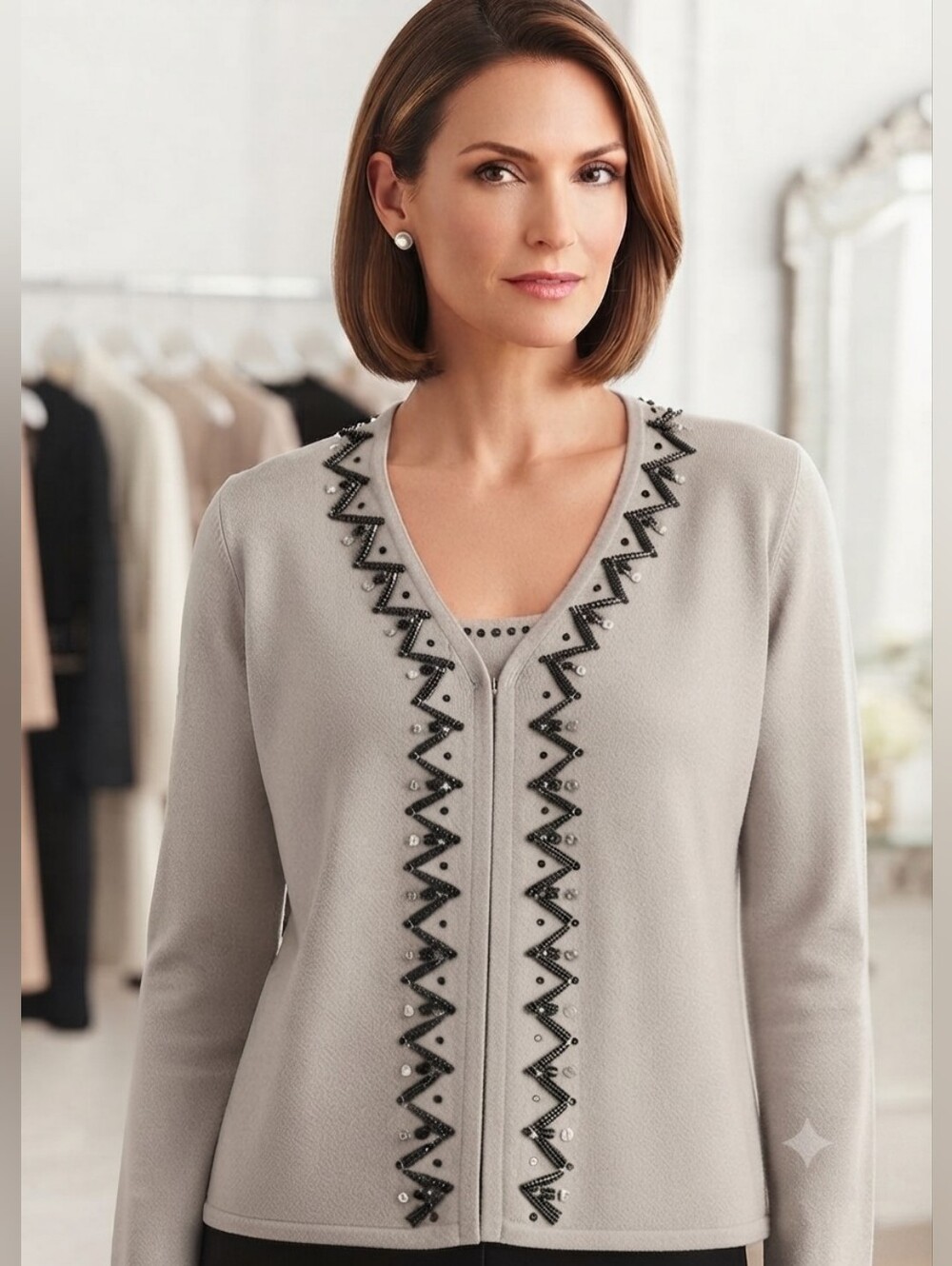 Vintage Jones New York 2 PC Beaded Sweater Cardigan Twinset in Gray Size Small